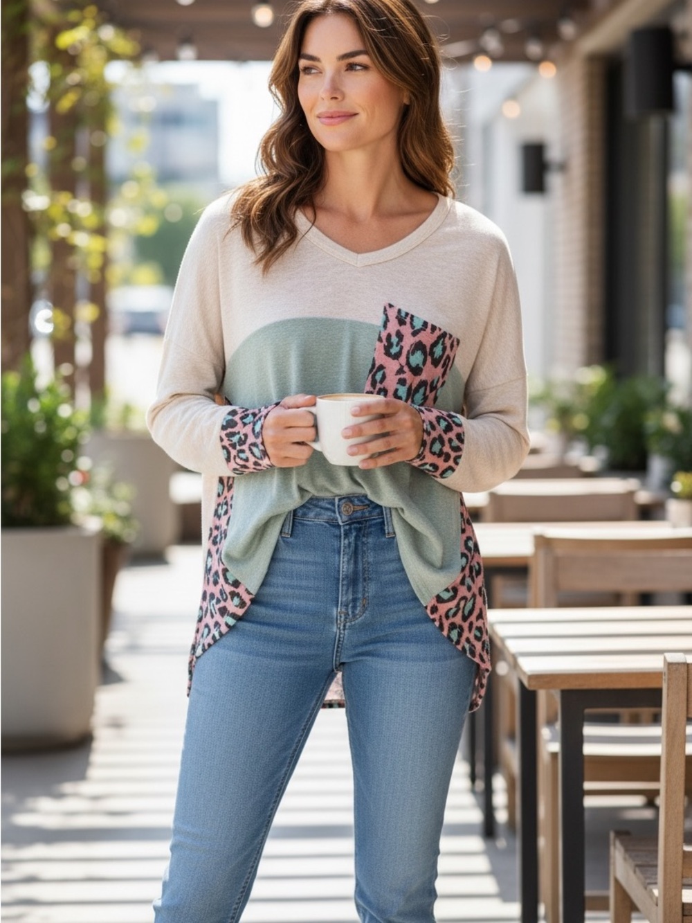 Mint & Pink Leopard Pocket Pullover